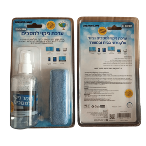 ערכת ניקוי SLXT-424 – תצוגת חזית וגב: מטלית מיקרופייבר + בקבוק תרסיס 120 מ״ל