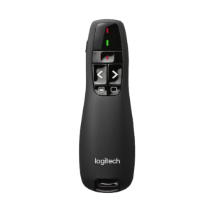 שלט מצגות אלחוטי Logitech R400 בצבע שחור, עם לייזר אדום וכפתורי שליטה, על רקע שקוף.