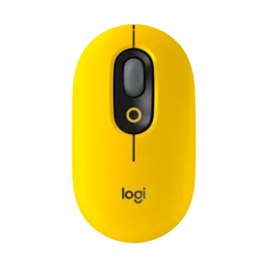 עכבר אלחוטי Logitech POP Mouse צהוב־שחור (Blast) – תצוגת חזית עם כפתור אימוג'י