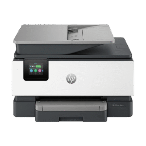 מדפסת משולבת HP OfficeJet Pro 9123 בצבע לבן־אפור, עם מסך מגע ותא מזין מסמכים אוטומטי