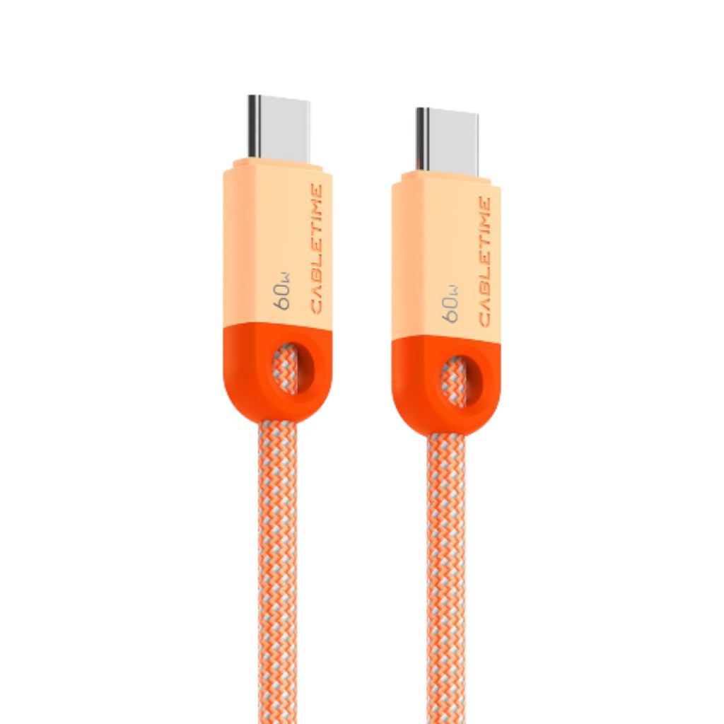 כבל טעינה USB-C ל-USB-C בהספק 60W מבית Cabletime בצבע כתום