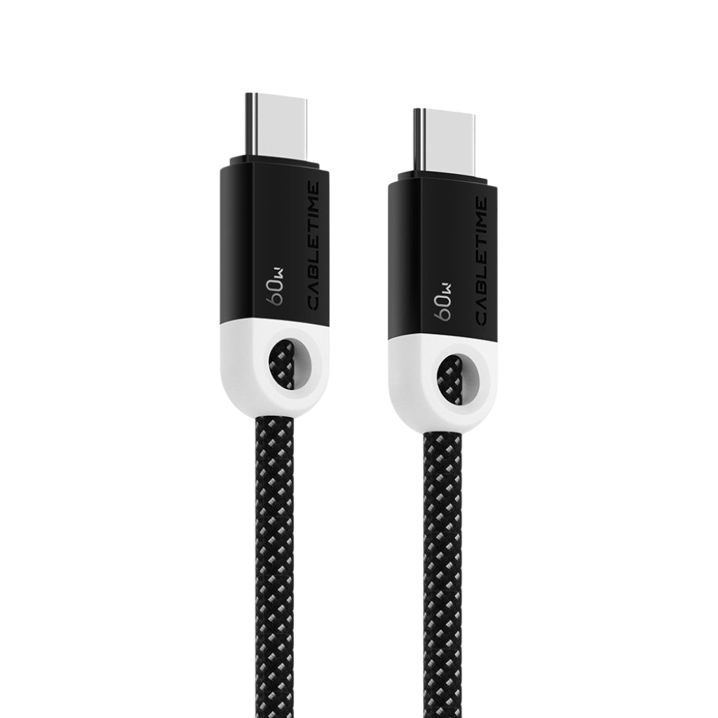 כבל טעינה USB-C ל-USB-C בהספק 60W מבית Cabletime בצבע שחור