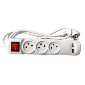 Luggar 3-Way Power Extension Cable with Dual USB Ports 1M White