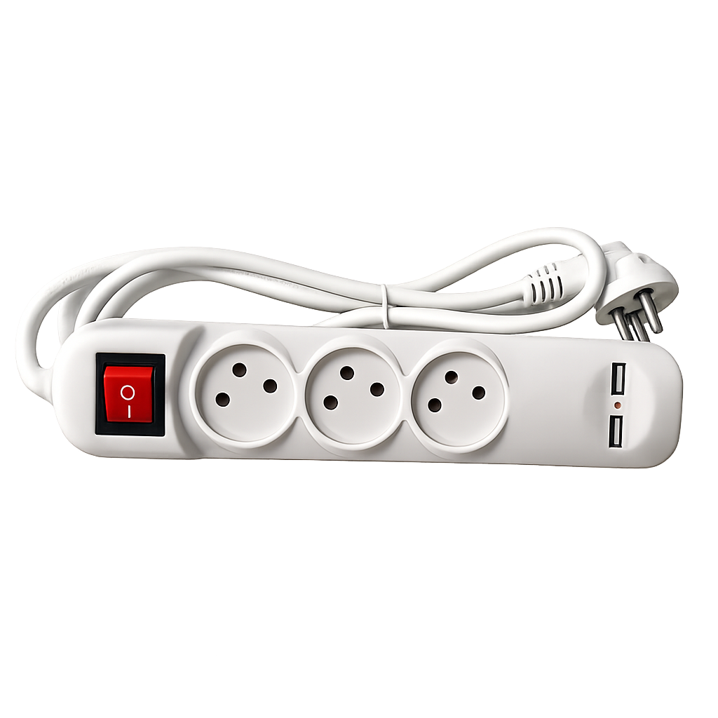 Luggar 3-Way Power Extension Cable with Dual USB Ports 1M White
